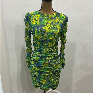 Ganni Yellow and Green Bodycon Dress with Bishop Sleeves